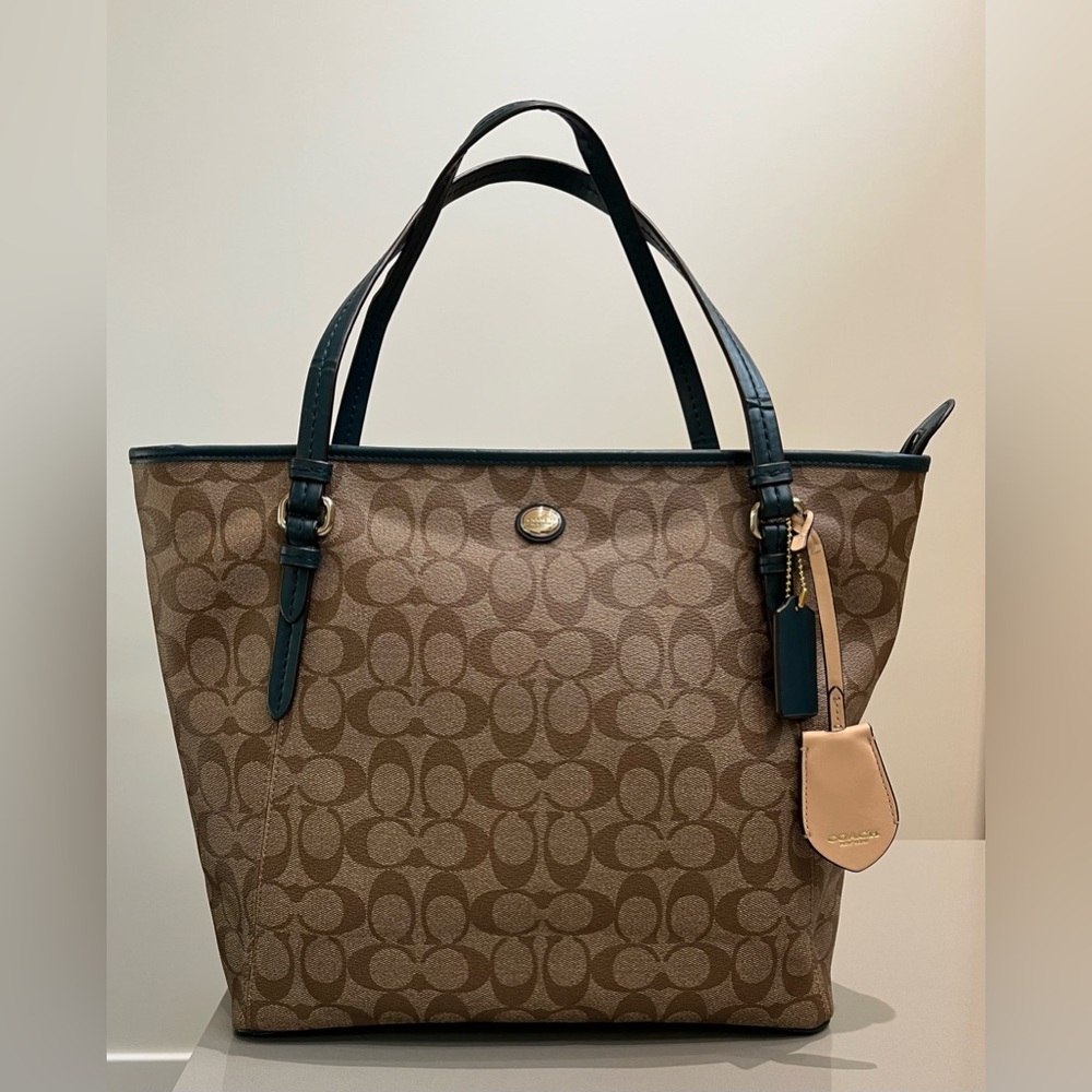 Coach Brown and Blue Signature Canvas Leather Tote Bag